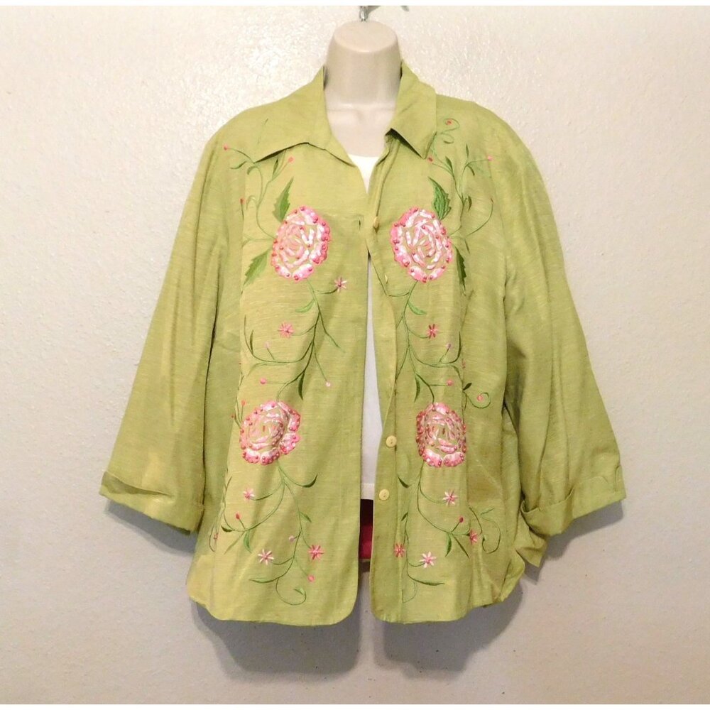 Silkland Jacket Womans 2X Green Pink Embroidered Floral Button Up 3/4 Sleeve